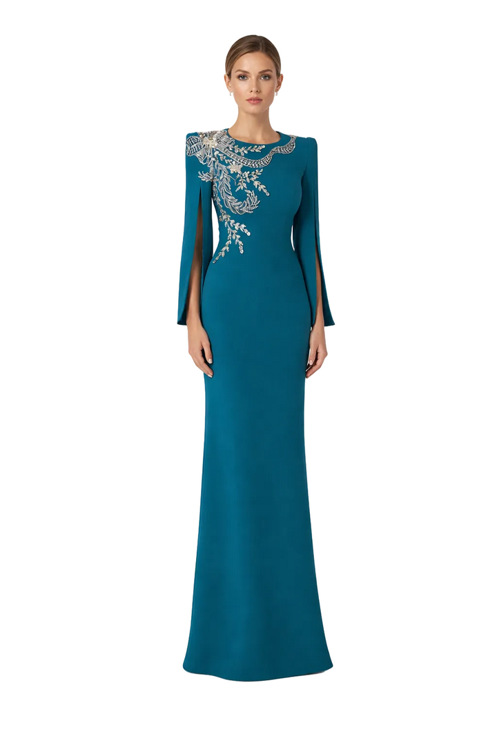 Embellished Long-Sleeve Maxi Dress with Sculpted Silhouette – IMPERIA