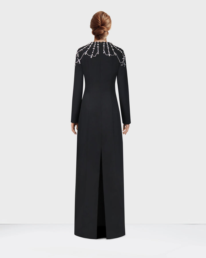 Black column dress with beaded shoulders and long sleeves ODD-Telqo