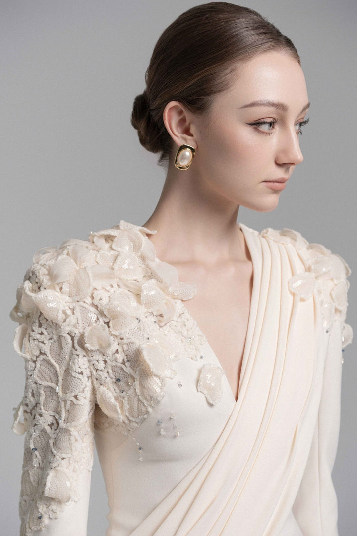 draped lace-embellished gown with floral shoulders – ODD- ELARIS