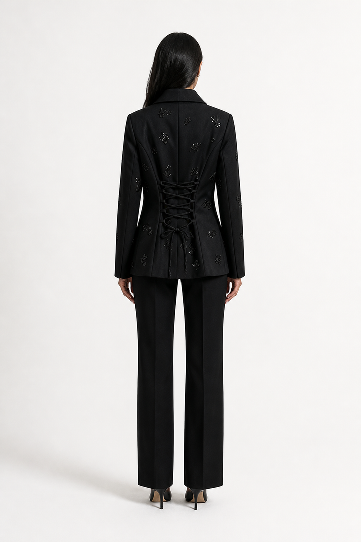 Black Embellished Double-Breasted Blazer – VELORA