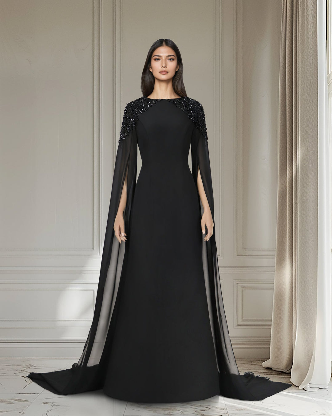 Beaded shoulders black dress with cape sleeves -ODD-Zoella