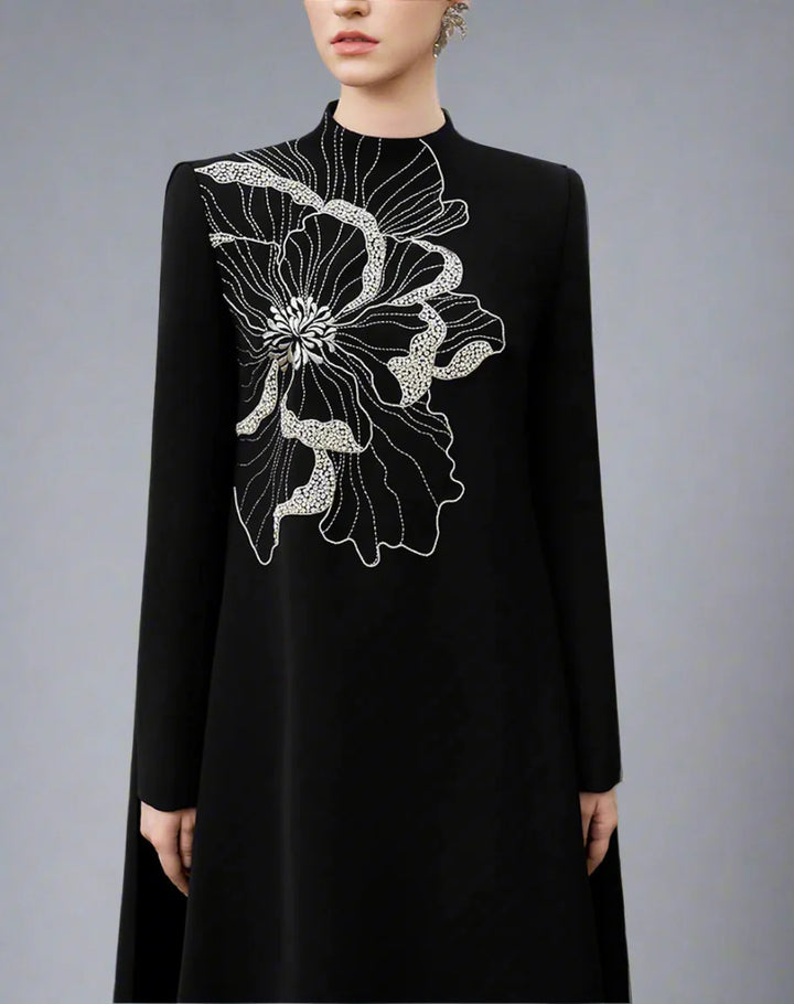 Long-sleeve flared dress with floral embellishment - BLOOM-1