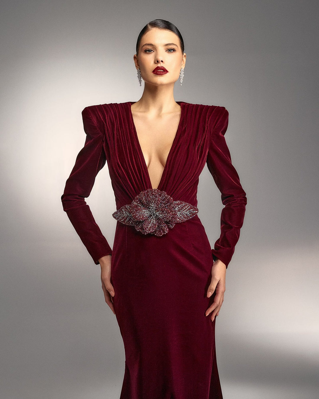 Velvet gown with crystal flower embellishment – RUBINA