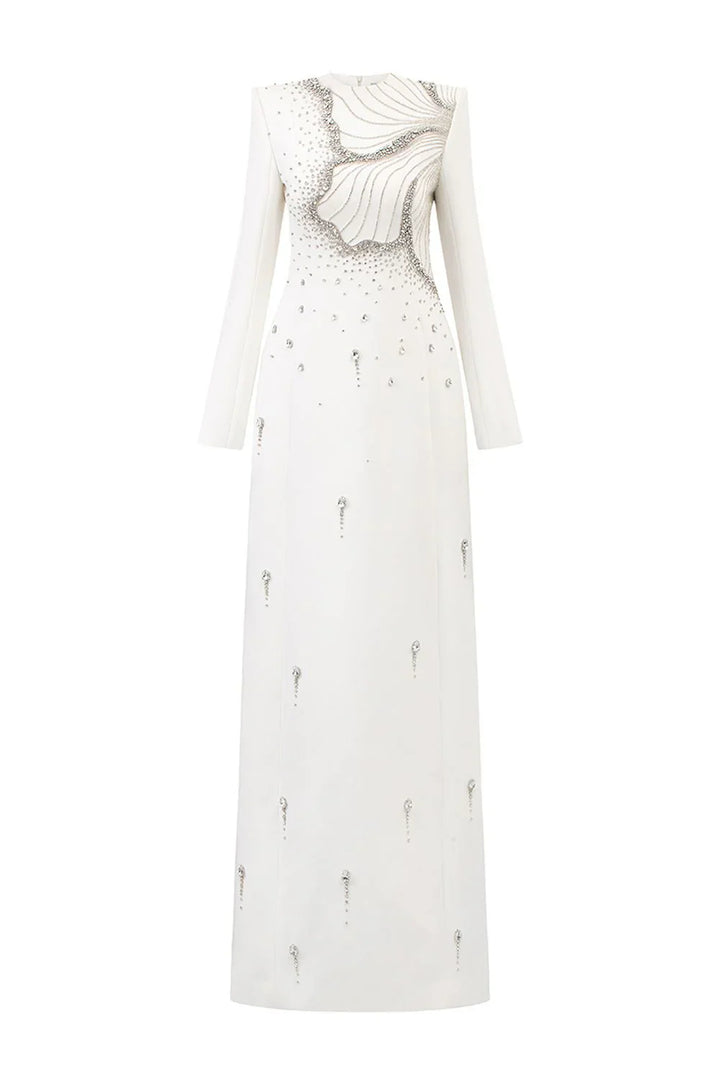 Long-Sleeve Column Dress with Embellished Floral Details - IVORY