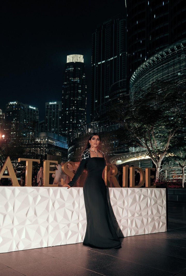 Black column dress with beaded shoulders and long sleeves ODD-Telqo