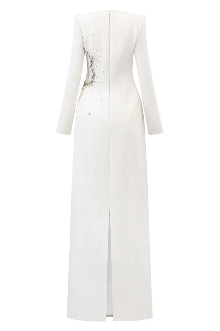 Long-Sleeve Column Dress with Embellished Floral Details - IVORY