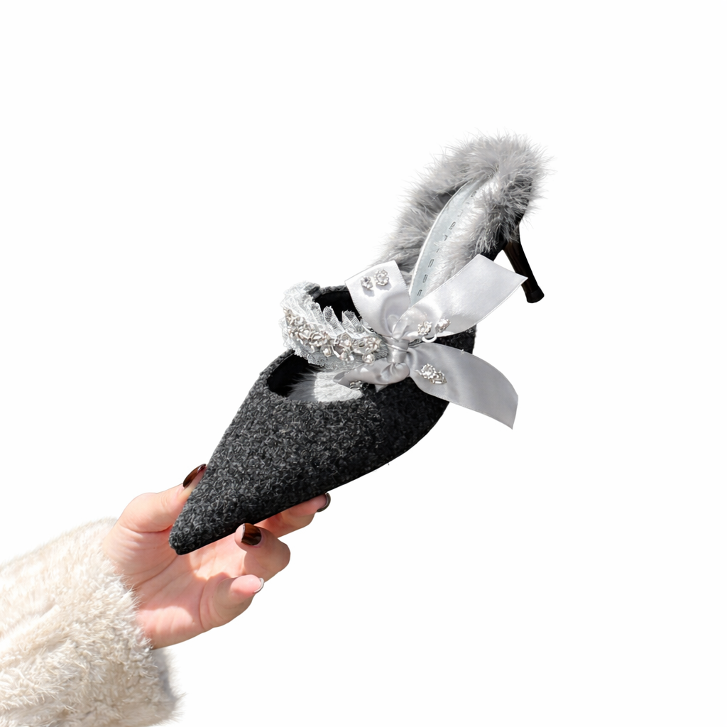 pointed toe mule heels with embellished bow and fur trim – TAUPE