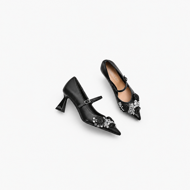 pointed toe metallic mary jane heels with floral crystal embellishment – LUMINA