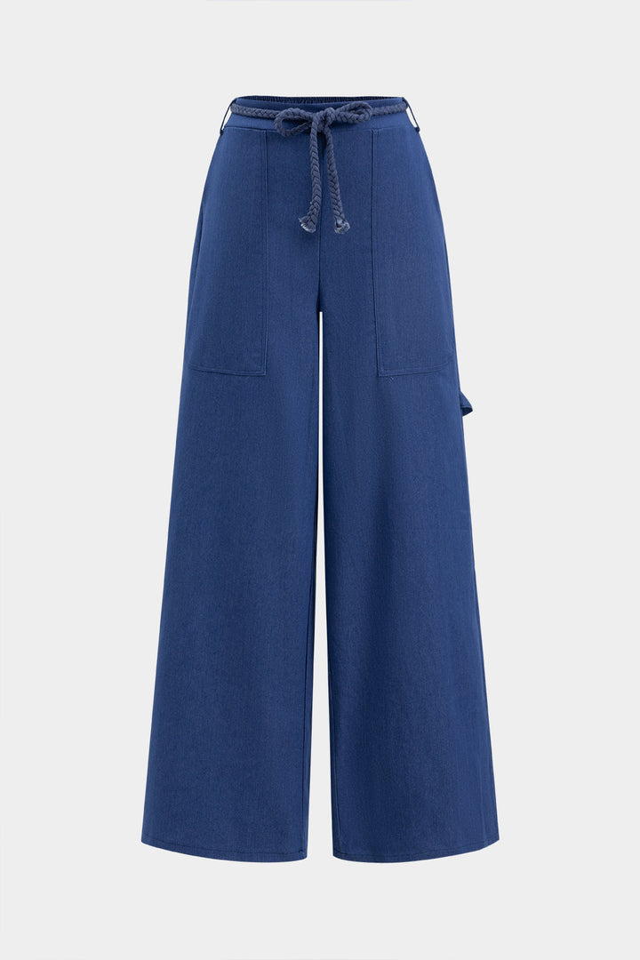 Denim Tube Top And Ruched Tie Front Pocket Wide Leg Jeans Set