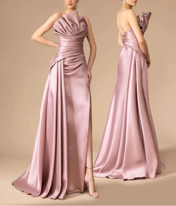 One-shoulder satin gown with sculpted bodice and draped slit – ODD- MAUVE