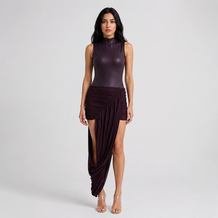 Asymmetric Draped High-Neck Maxi Dress - Eclipse