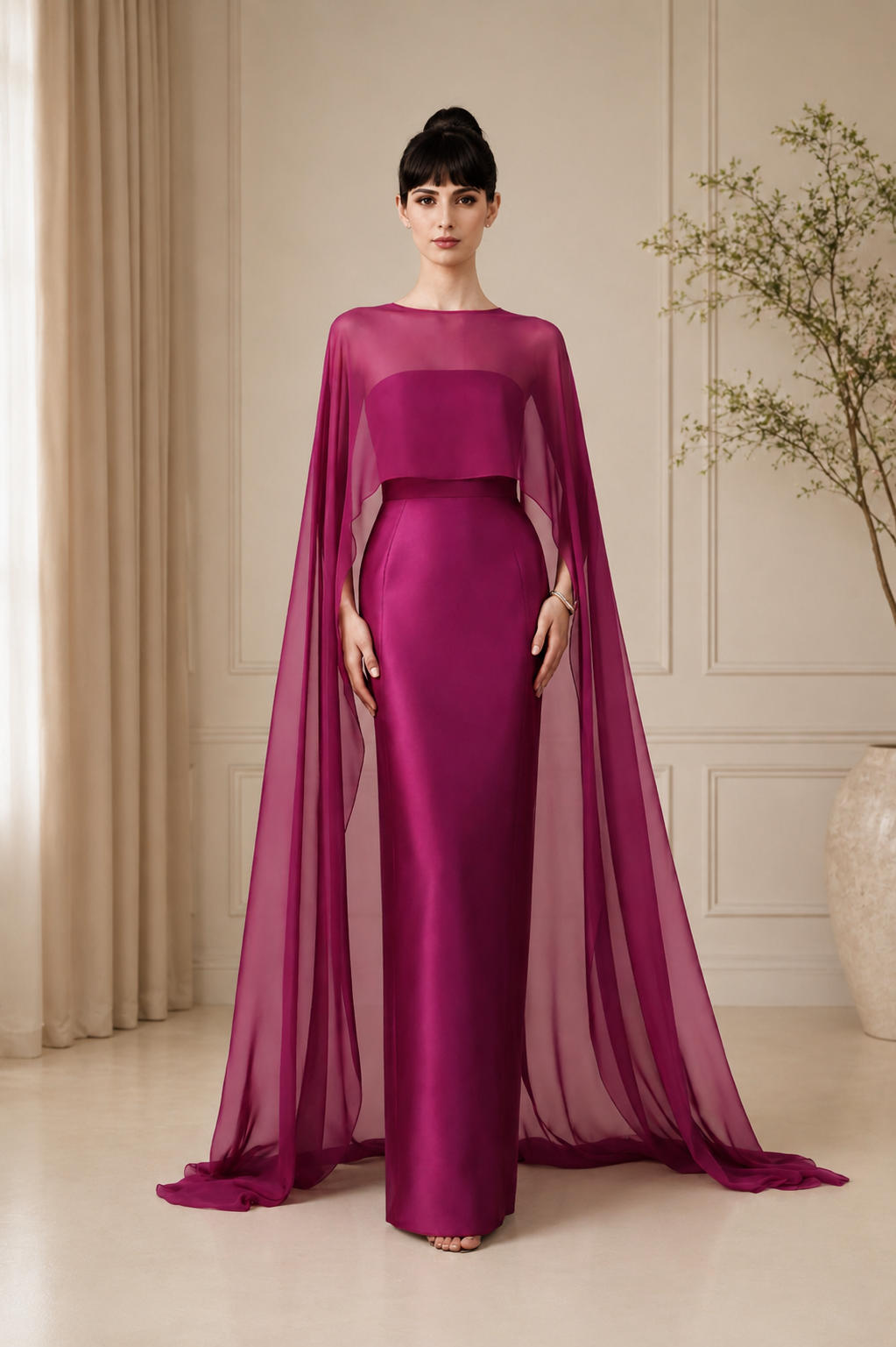 strapless column gown with sheer cape overlay – FUCHSIA
