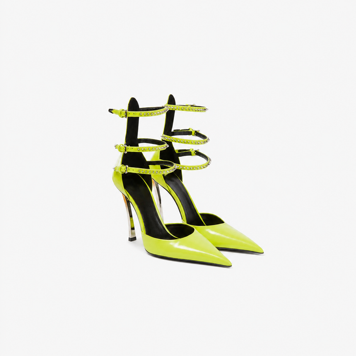 Studded Multi-Strap Pointed Toe Heels – FUCHSIA
