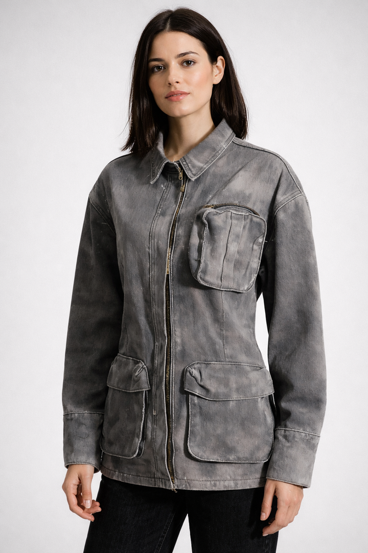 long sleeve zip-up utility jacket with oversized pocket detail – ASHER
