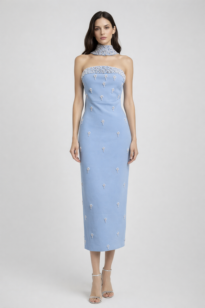 strapless fitted midi dress with pearl embellishments and choker detail – PEARL