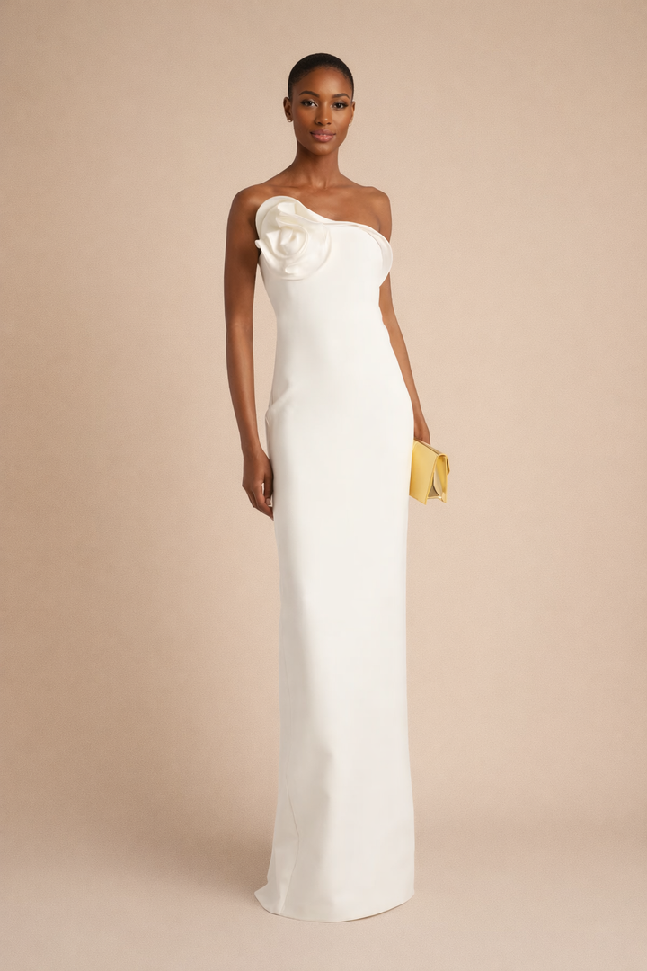 one-shoulder column dress with sculpted floral detail – ALBA