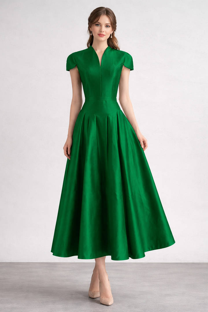 cap sleeve structured midi dress with pleated skirt – RUBY