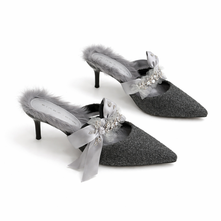 pointed toe mule heels with embellished bow and fur trim – TAUPE