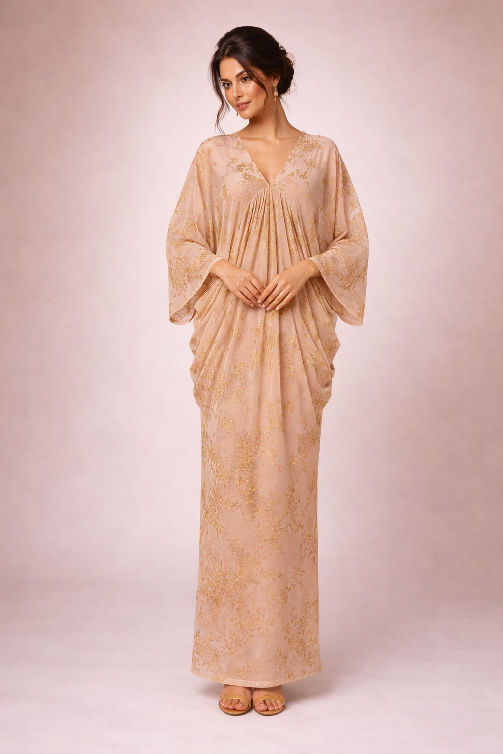 draped batwing sleeve midi dress with floral mesh overlay – MIST