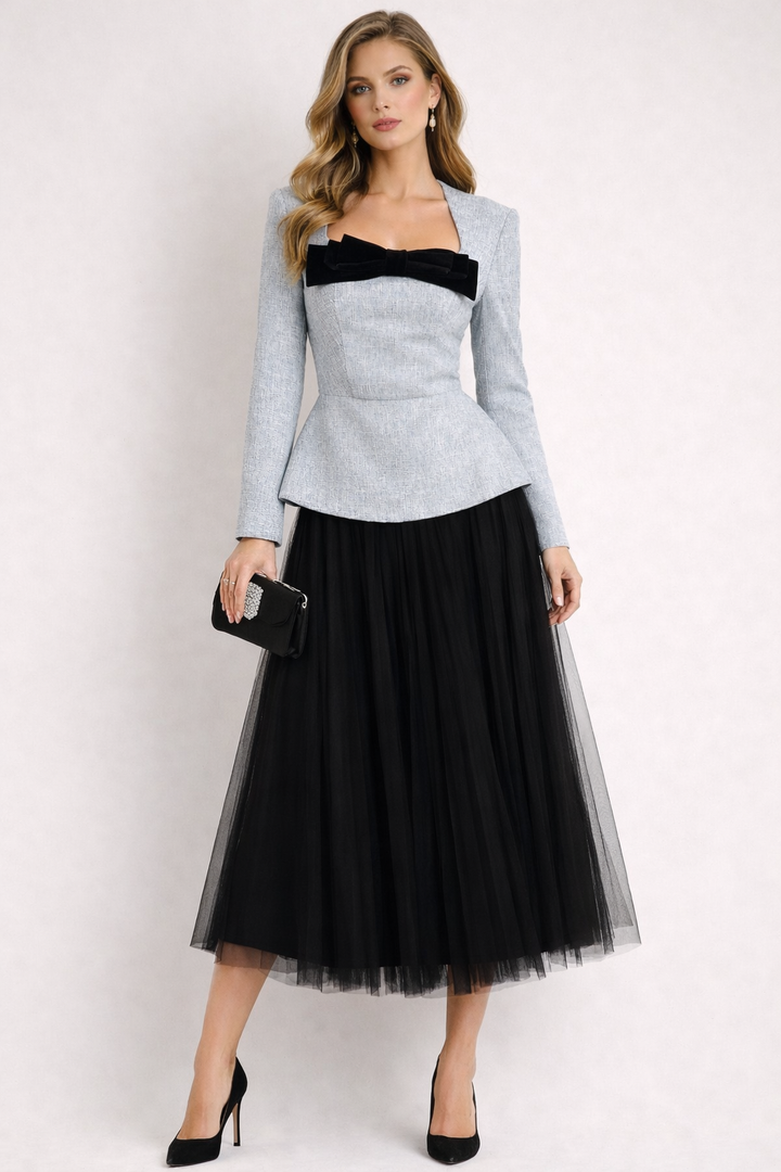 long sleeve peplum top with velvet bow and tulle skirt set – VELORA