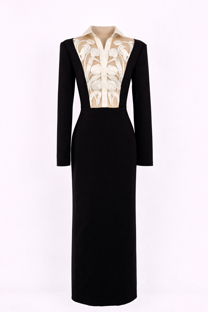 long sleeve column dress with embroidered illusion bodice – NOCTARA