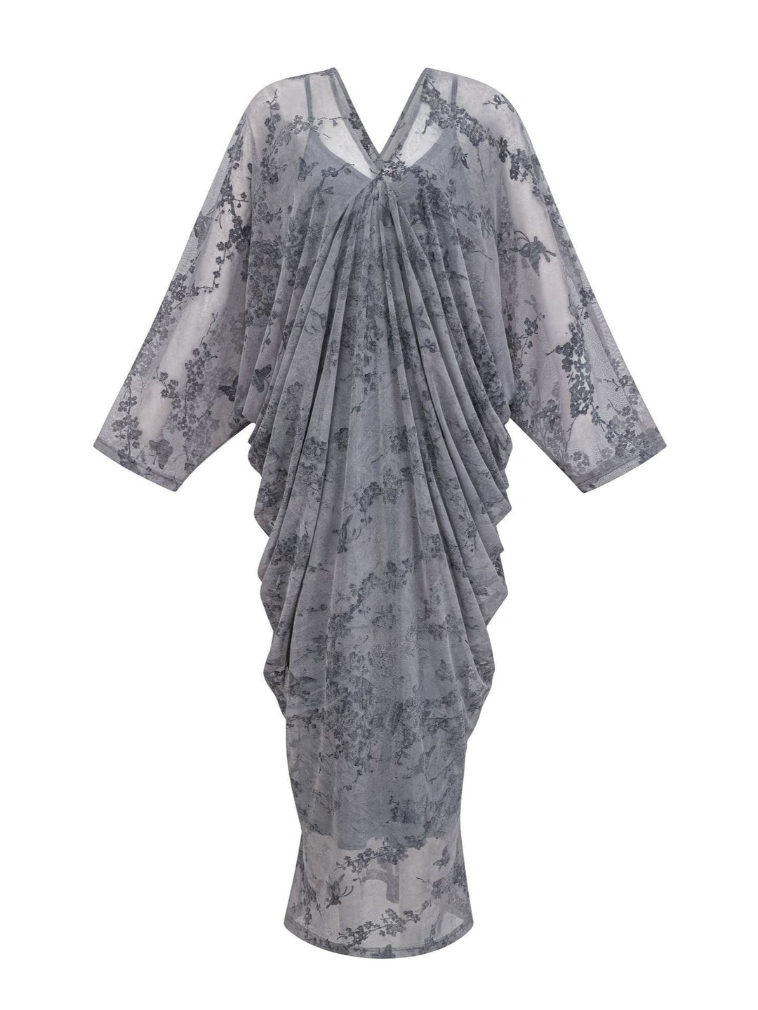 draped batwing sleeve midi dress with floral mesh overlay – MIST