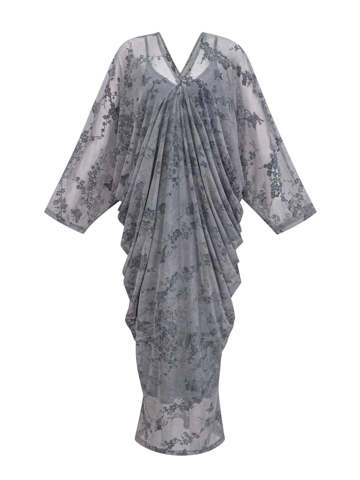 draped batwing sleeve midi dress with floral mesh overlay – MIST