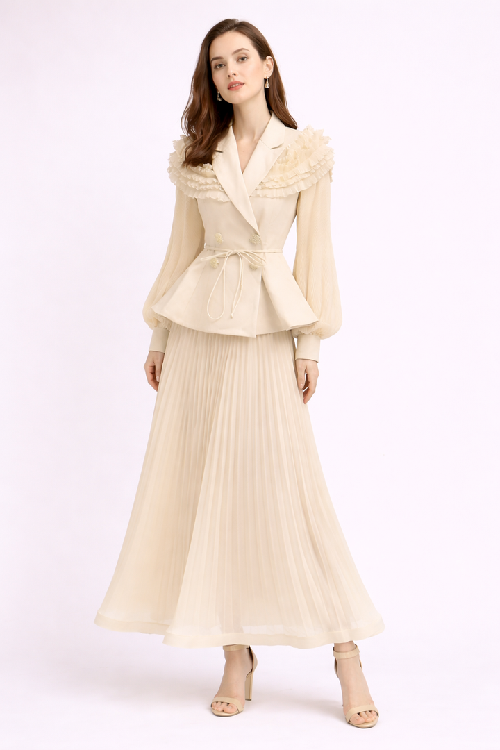 pleated maxi skirt set with ruffle collar blazer - AZURE