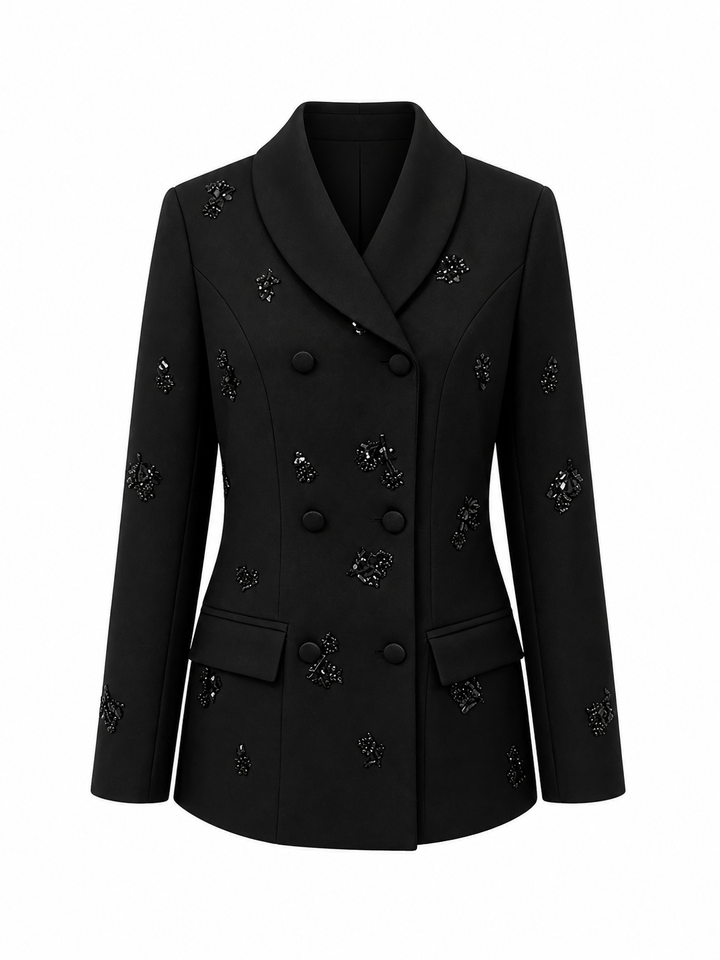 Black Embellished Double-Breasted Blazer – VELORA