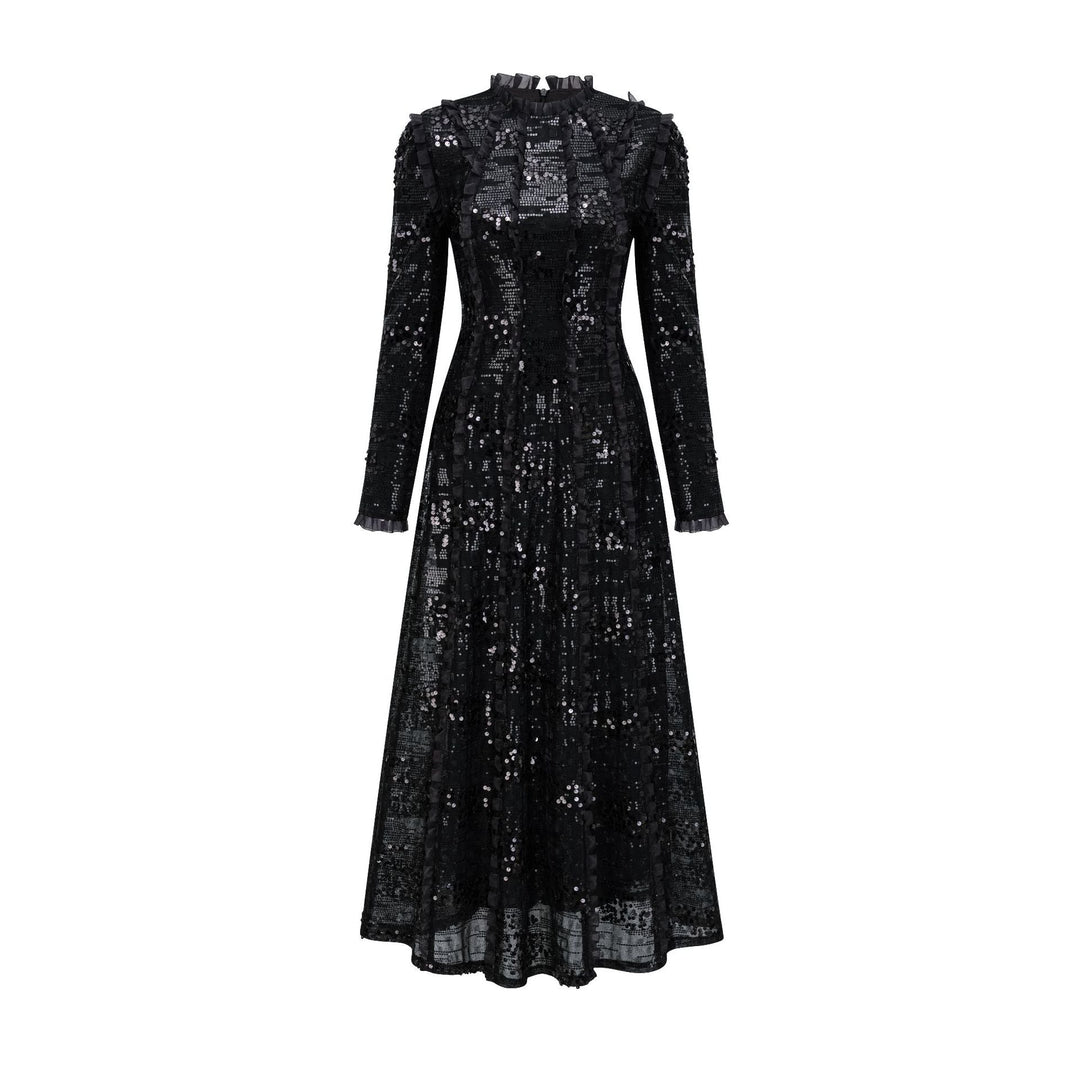 long sleeve embellished lace midi dress with high neck – CHAMPAGNE