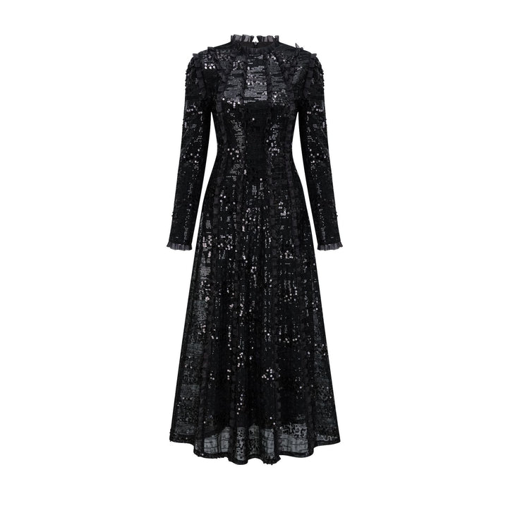 long sleeve embellished lace midi dress with high neck – CHAMPAGNE