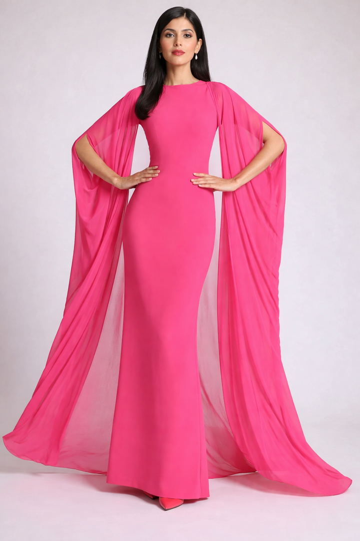 cape sleeve column dress with chiffon overlay – ROSALIA
