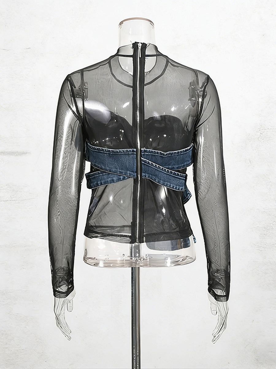 sheer mesh top with denim bow detail – MIDNIGHT
