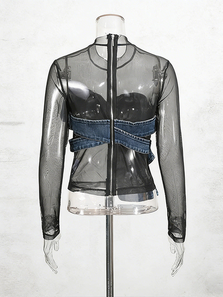 sheer mesh top with denim bow detail – MIDNIGHT