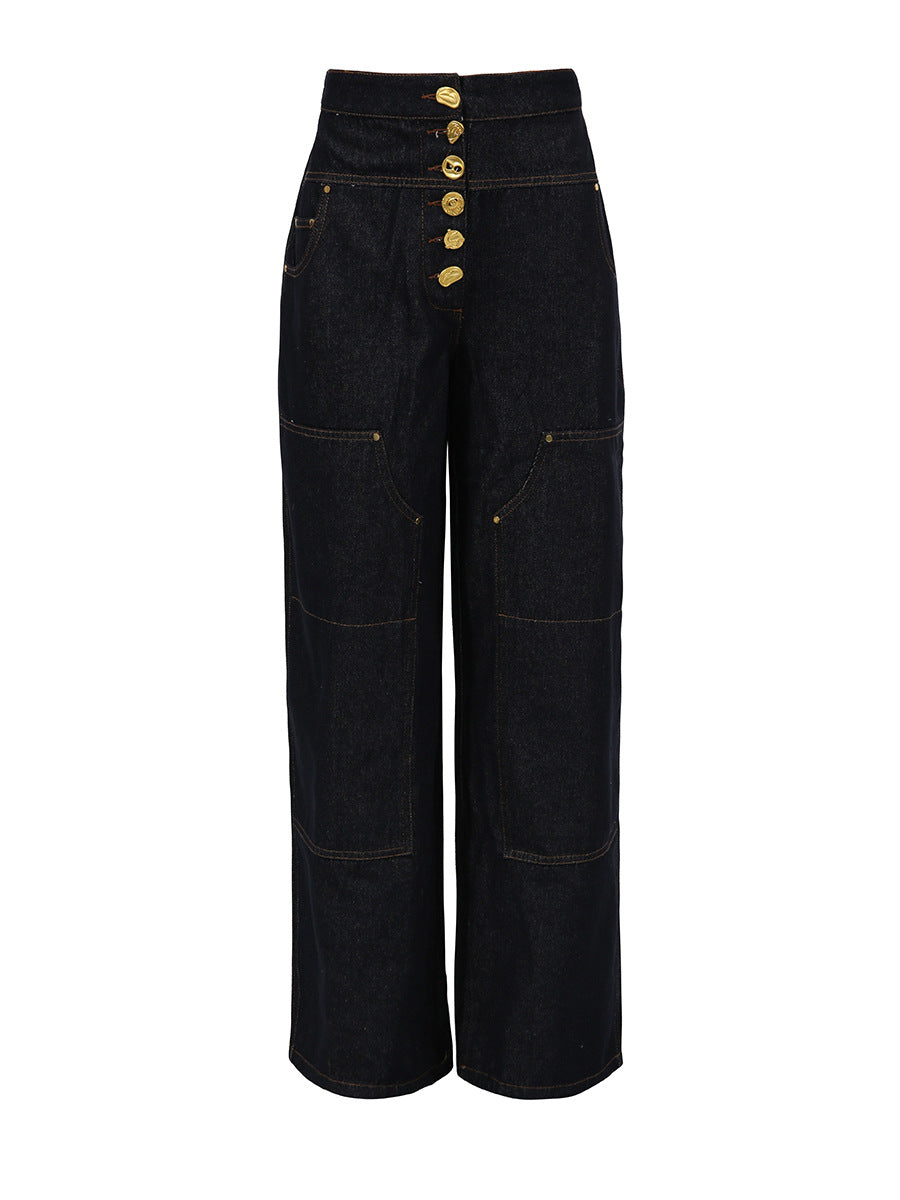 High-Waist Wide Leg Denim Pants with Gold Button Detail – INDIGO