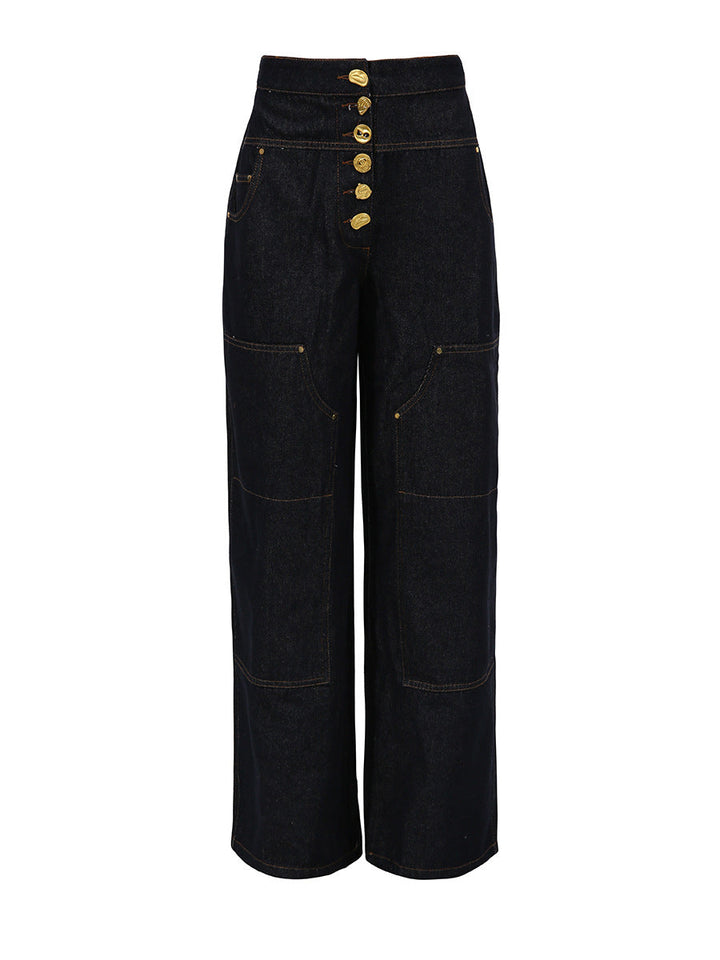 High-Waist Wide Leg Denim Pants with Gold Button Detail – INDIGO