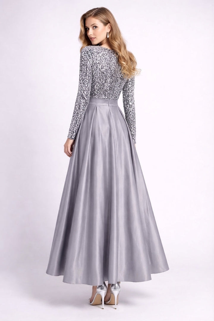 long-sleeve sequin bodice satin maxi dress – SILVÉRA