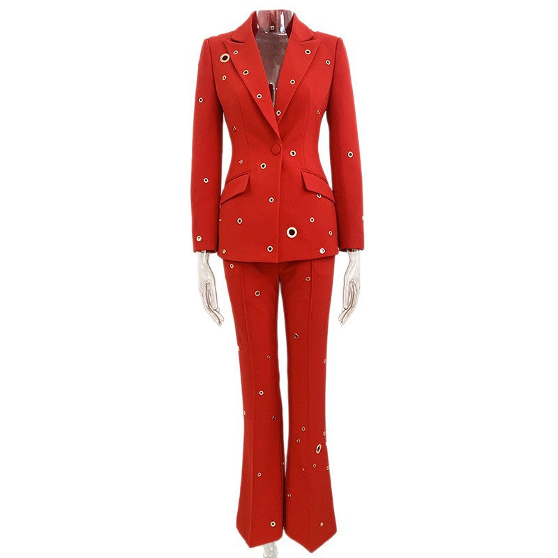 tailored blazer and flared pants set with metallic eyelet details – SCARLET