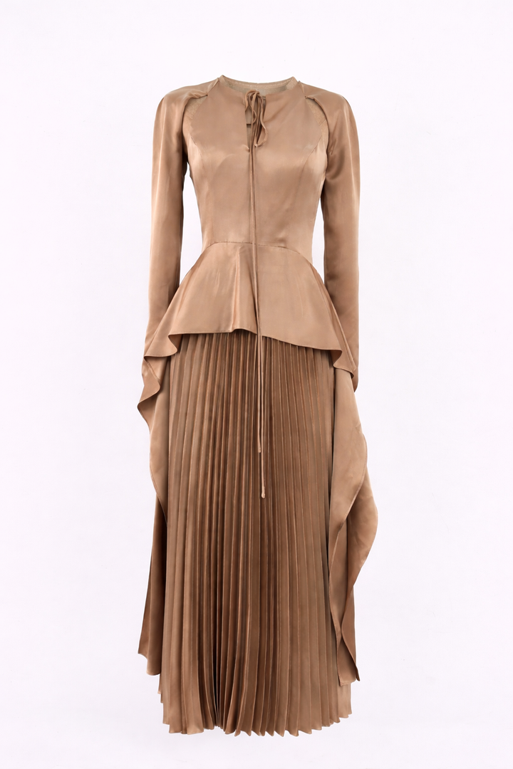 long sleeve satin peplum dress with pleated skirt and draped side panels – CARAMEL