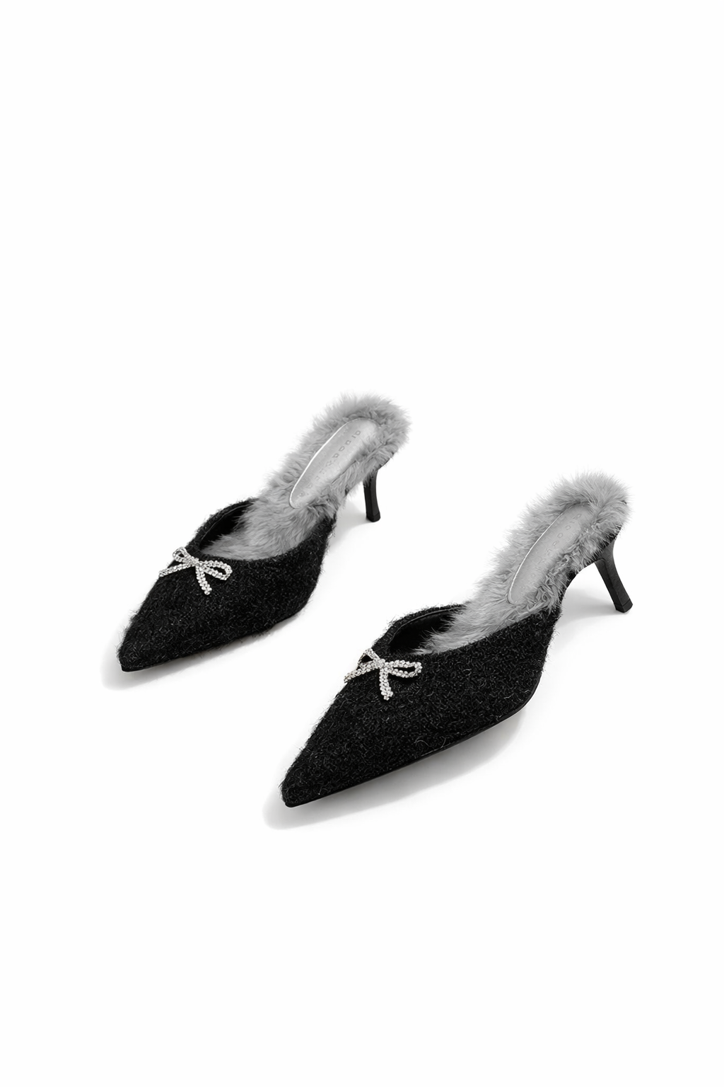 pointed toe textured mule with fur trim and crystal bow – VIOLET