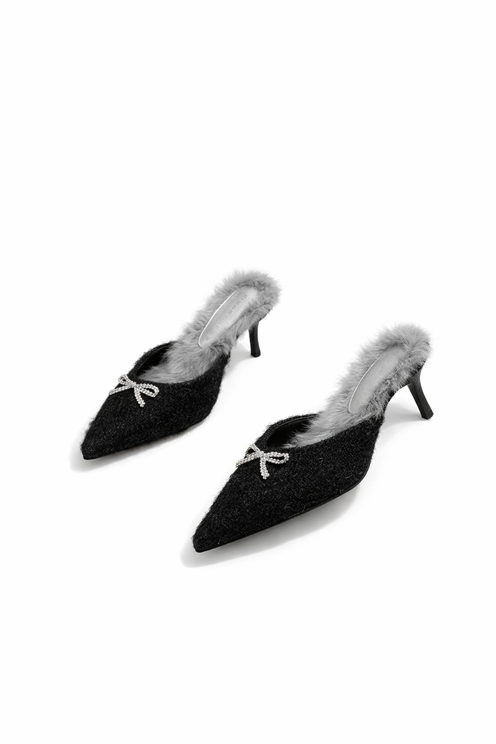 pointed toe textured mule with fur trim and crystal bow – VIOLET