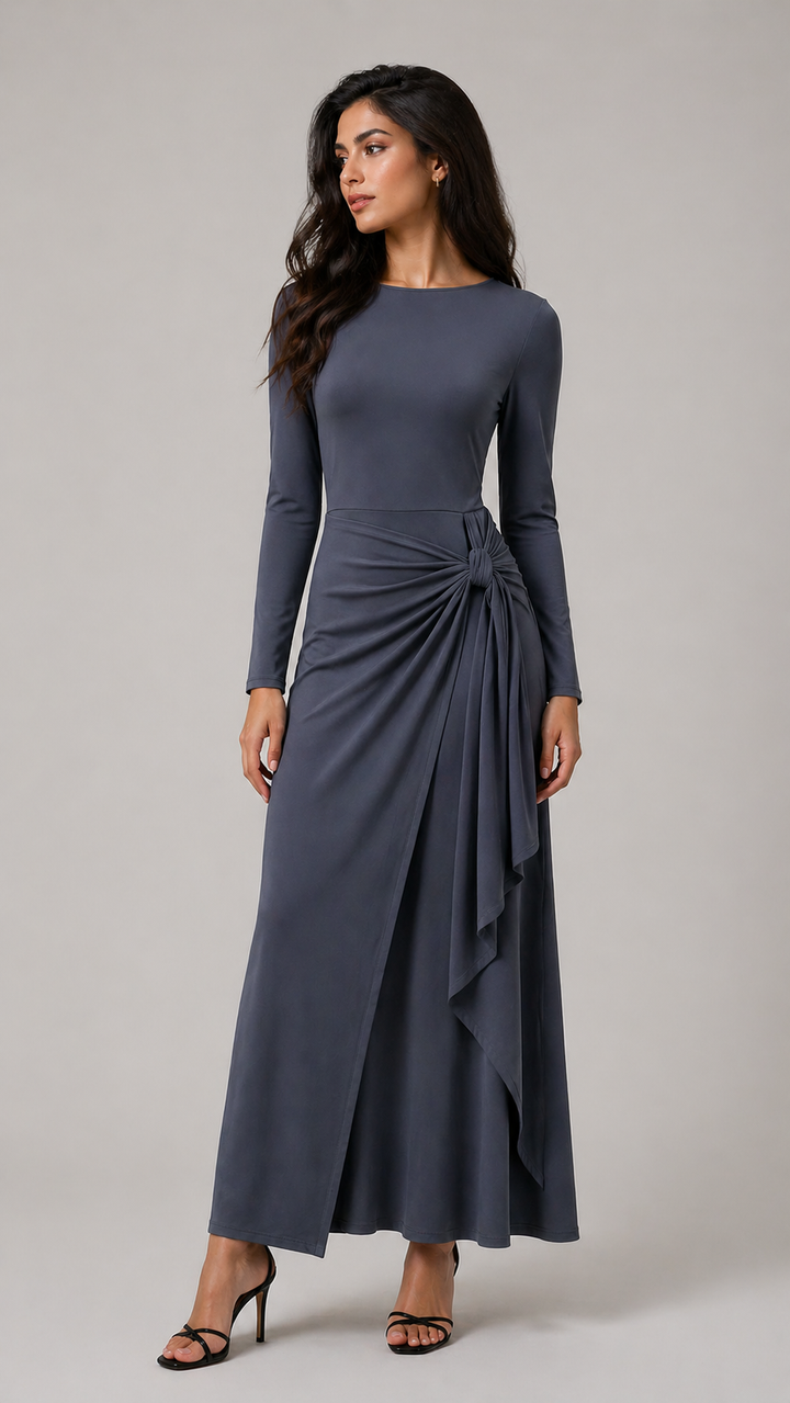 Burgundy Draped Knot Maxi Dress-VELORA