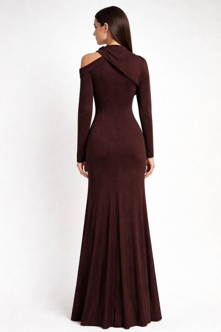 draped high-neck ruched maxi dress with long sleeves – MOCHA