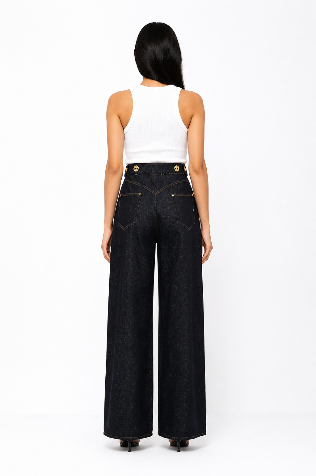 High-Waist Wide Leg Denim Pants with Gold Button Detail – INDIGO
