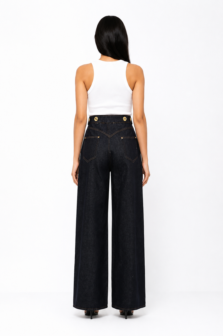 High-Waist Wide Leg Denim Pants with Gold Button Detail – INDIGO