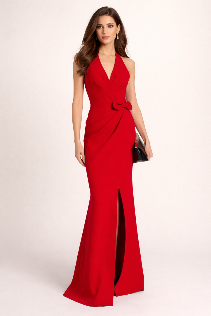 halter wrap gown with bow waist detail – VALENTINA