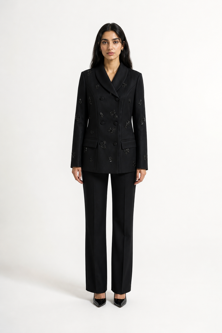 Black Embellished Double-Breasted Blazer – VELORA