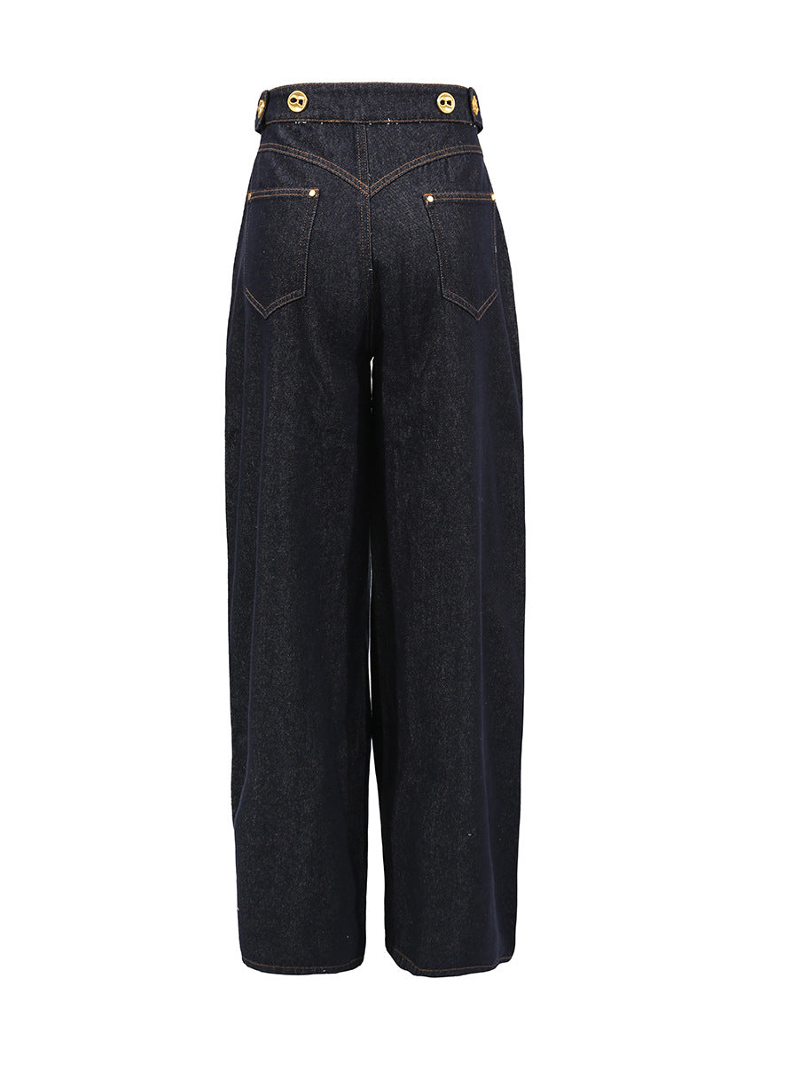 High-Waist Wide Leg Denim Pants with Gold Button Detail – INDIGO