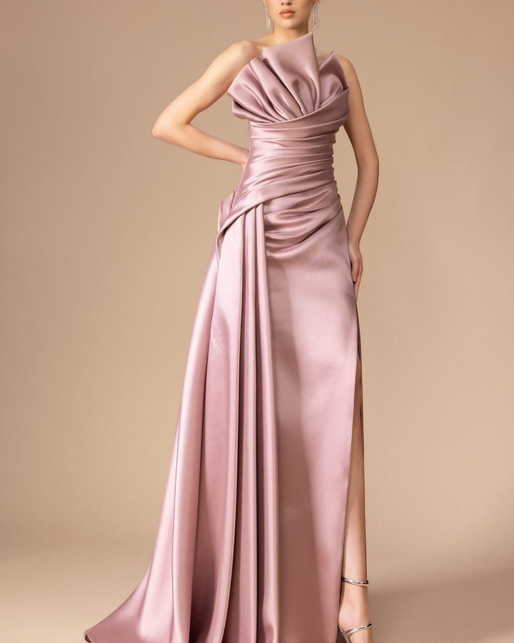 One-shoulder satin gown with sculpted bodice and draped slit – ODD- MAUVE