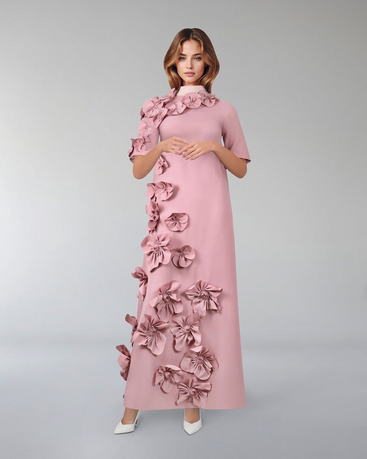 Flowered column dress with satin strips - ODD- ZOISH